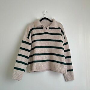 Striped V-Neck Sweater - Cream and Green